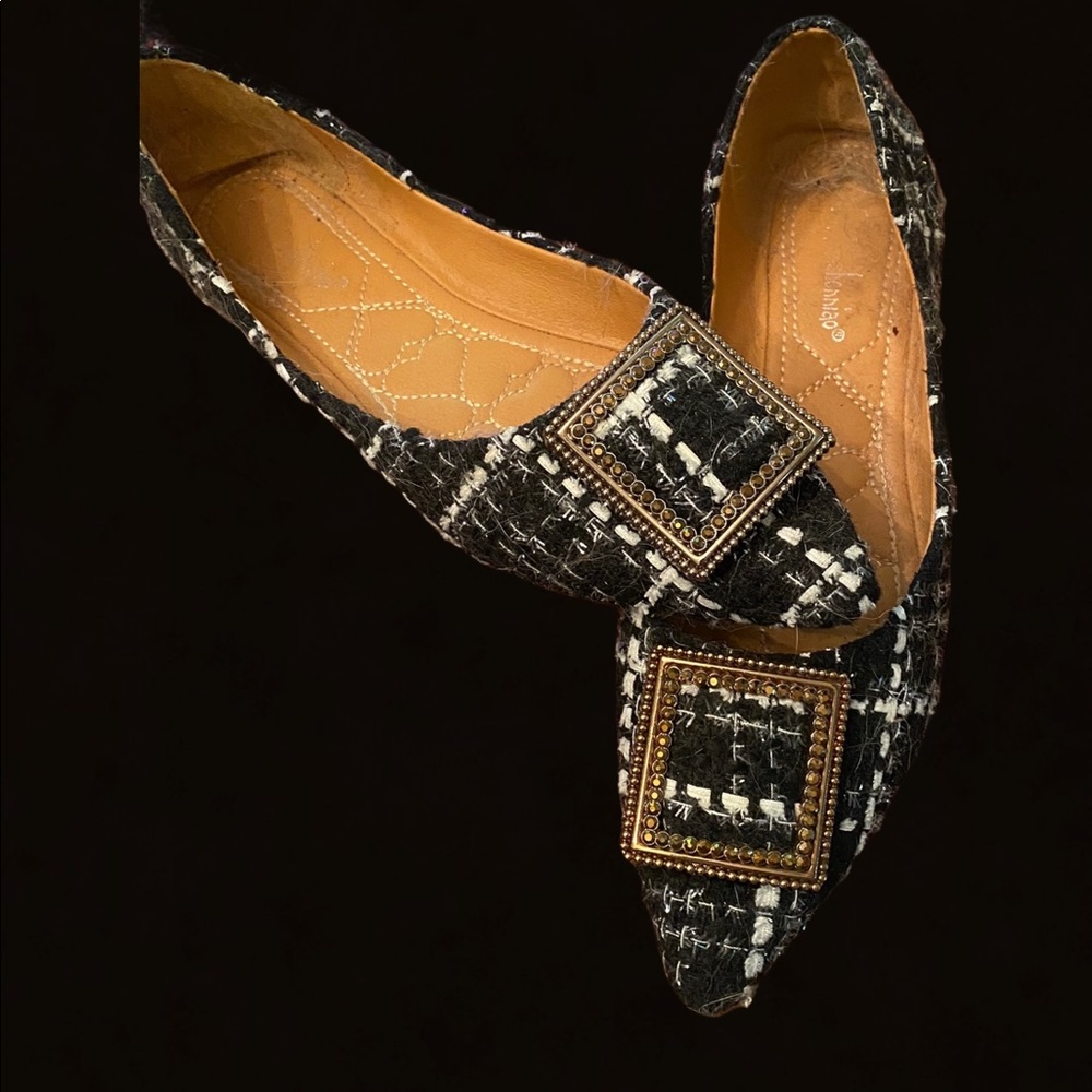 EUC Chic Tweed Flats with Gold Buckle